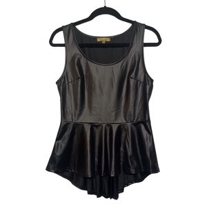 CECICO Soft Faux Leather Sleeveless Peplum Pleated Top Medium